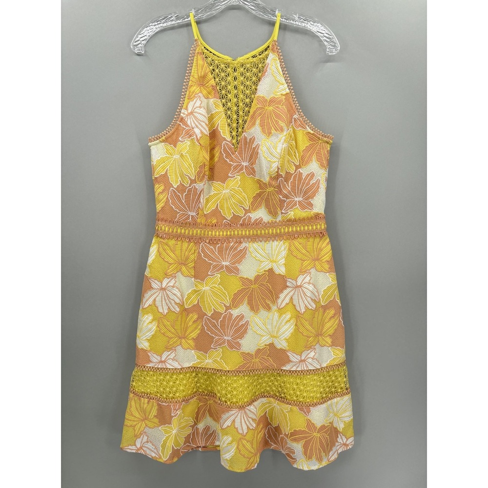 Adelyn Rae Dress Medium Yellow Floral Lace Halter Fit & Flare Mini Summer